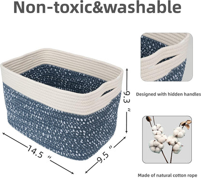 White and Blue Cotton Rope storage Basket Bins Woven Basket for Organizing Shelves 14.5X9.5X9.3“