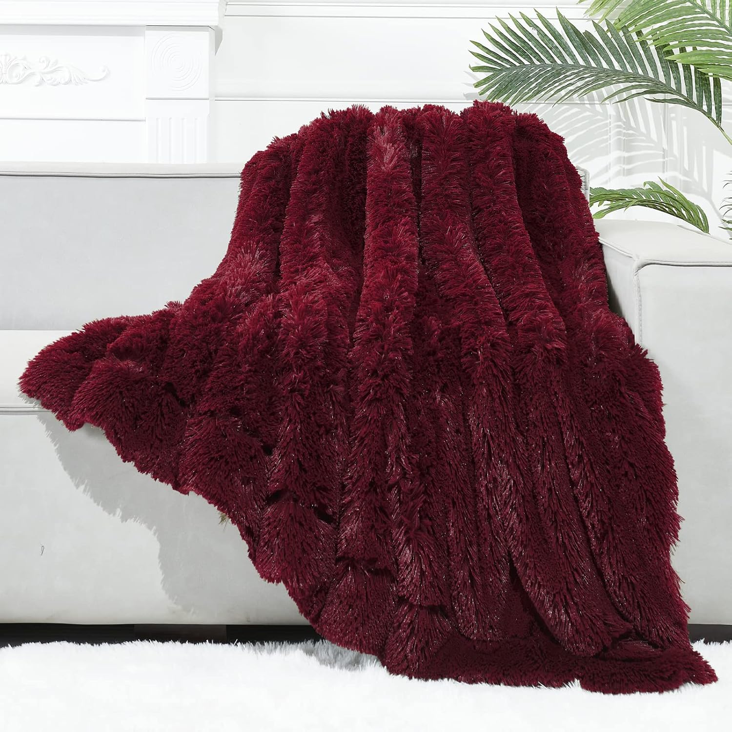 GONAAP Fuzzy Faux Fur Throw Blanket Twin Size Wine Red Super Soft Cozy Plush Fuzzy Shaggy Blanket