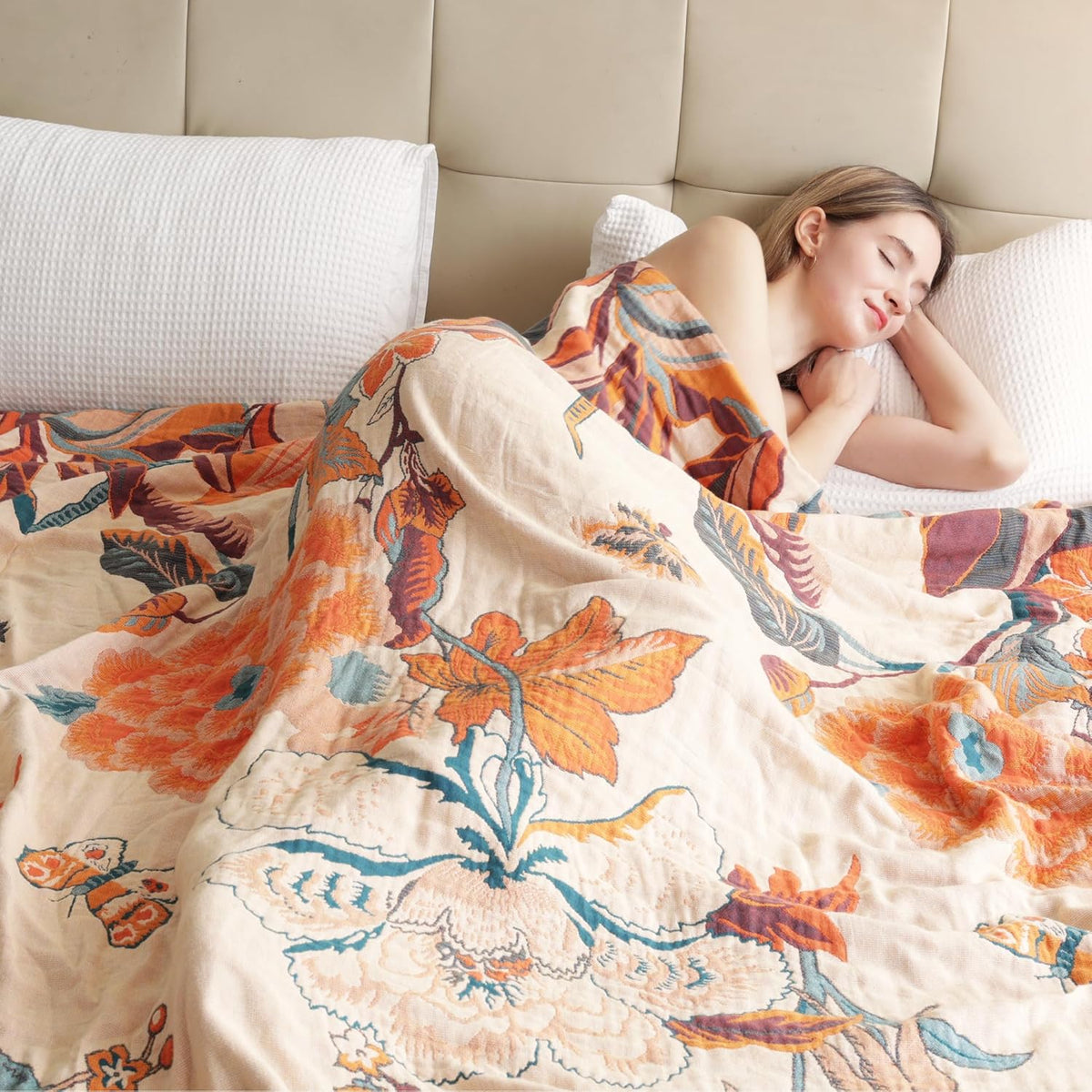 Boho Throw Blanket, 100% Organic Cotton Breathable Soft Lightweight All Season Rustic Bed Throw