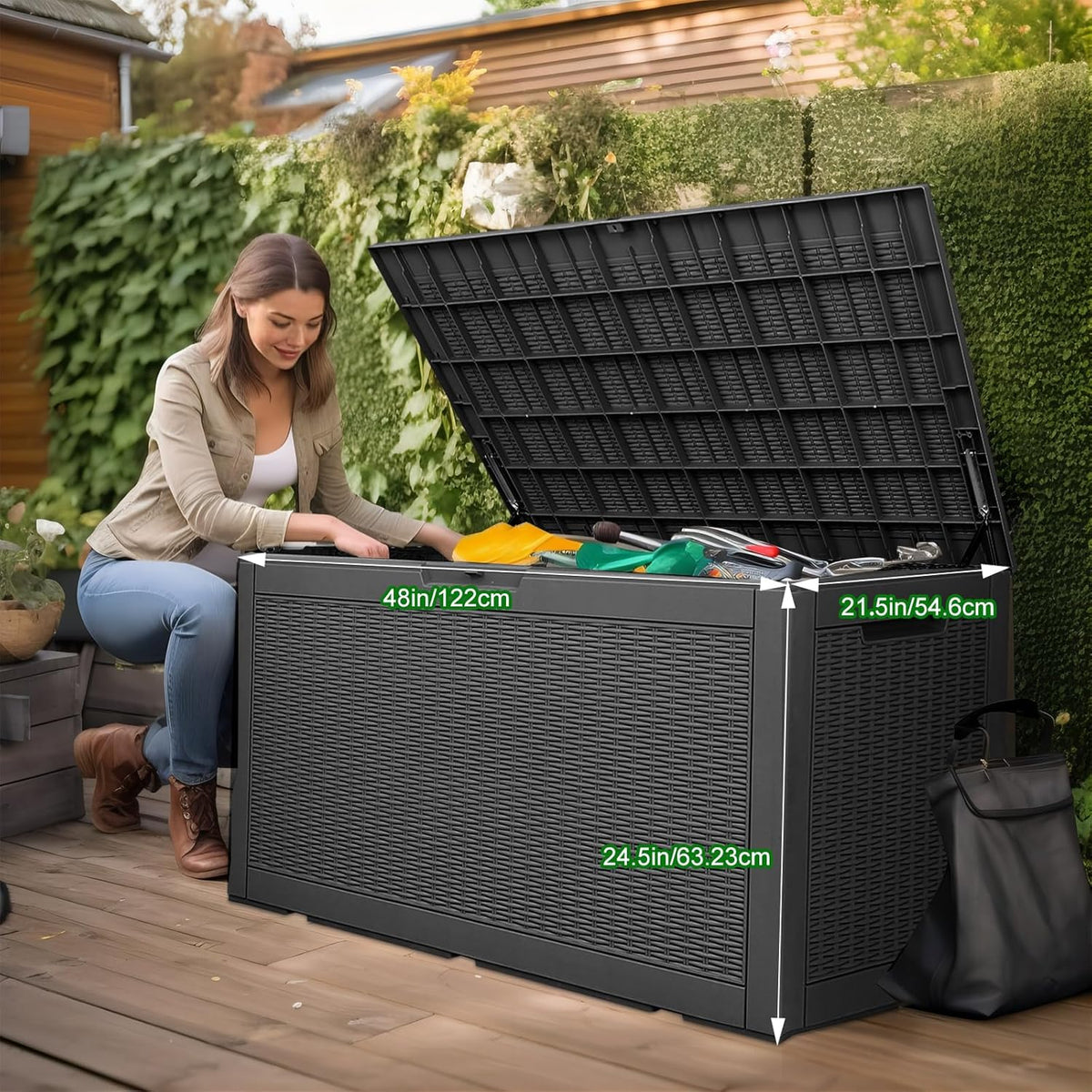 100 Gallon Outdoor Storage Box,Waterproof Lockable Resin Deck Box,Storage Container with Reinforced