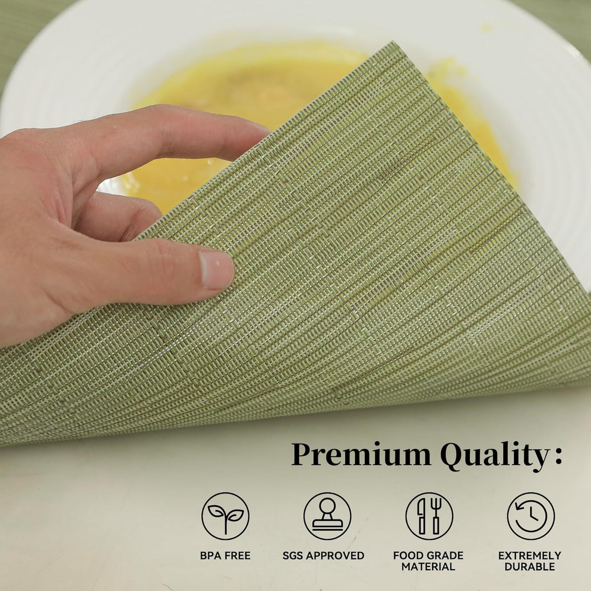 Leetaltree Pea Green Placemats Set of 4 - Heat Resistant Non-Slip Place mats for Dining Table