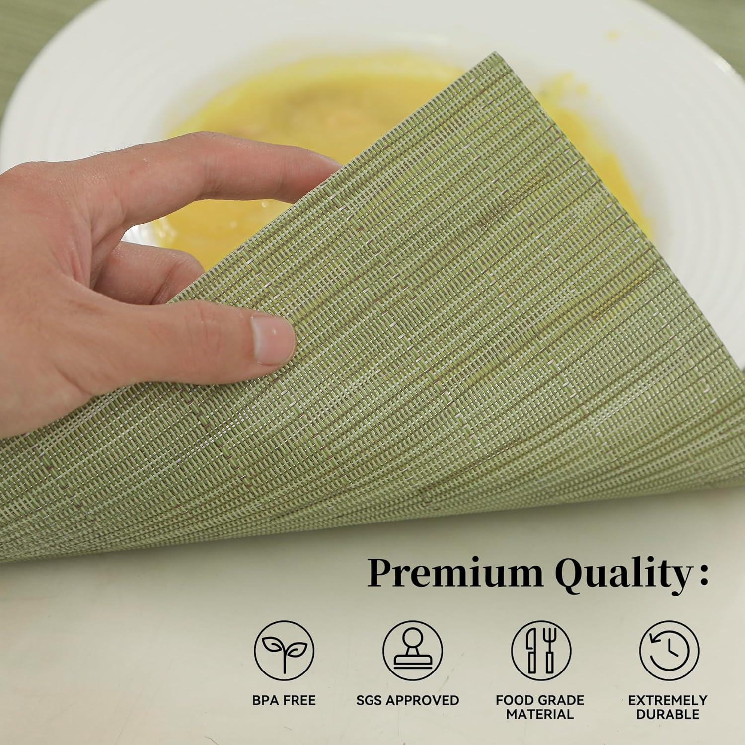 Leetaltree Pea Green Placemats Set of 8 - Heat Resistant Non-Slip Place mats for Dining Table