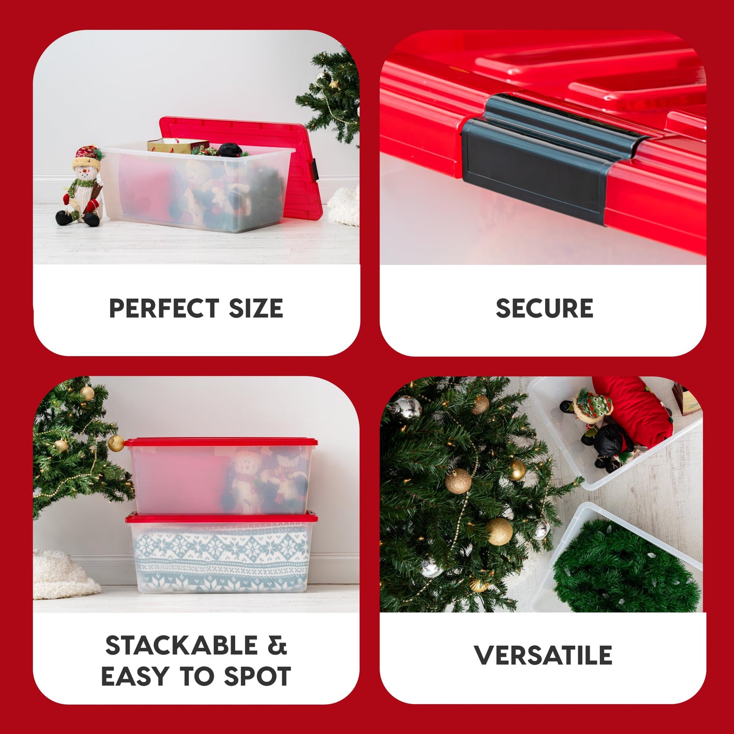 IRIS USA 4-Pack, 91 Qt. Holiday Storage Bin with Lids, Red