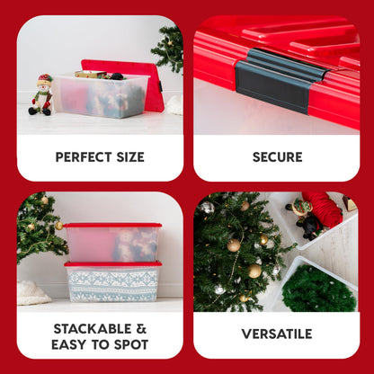 IRIS USA 4-Pack, 91 Qt. Holiday Storage Bin with Lids, Red