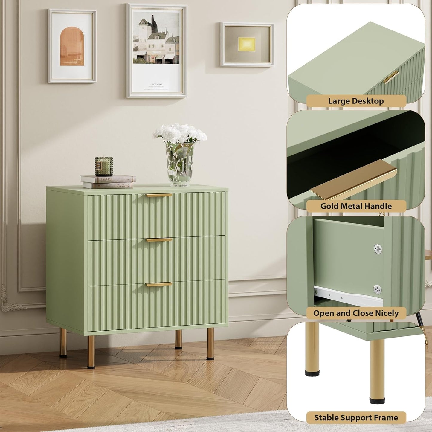 Green 3 Drawer Dresser for Bedroom, Fluted Modern Nightstand with Deep Drawers, Chest of Drawers