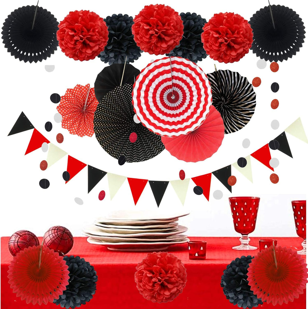ZERODECO Party Decoration, 21 Pcs Black and Red Hanging Paper Fans Pom Poms Flowers, Garlands