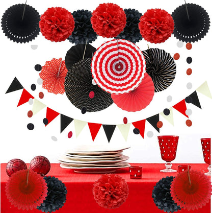ZERODECO Party Decoration, 21 Pcs Black and Red Hanging Paper Fans Pom Poms Flowers, Garlands