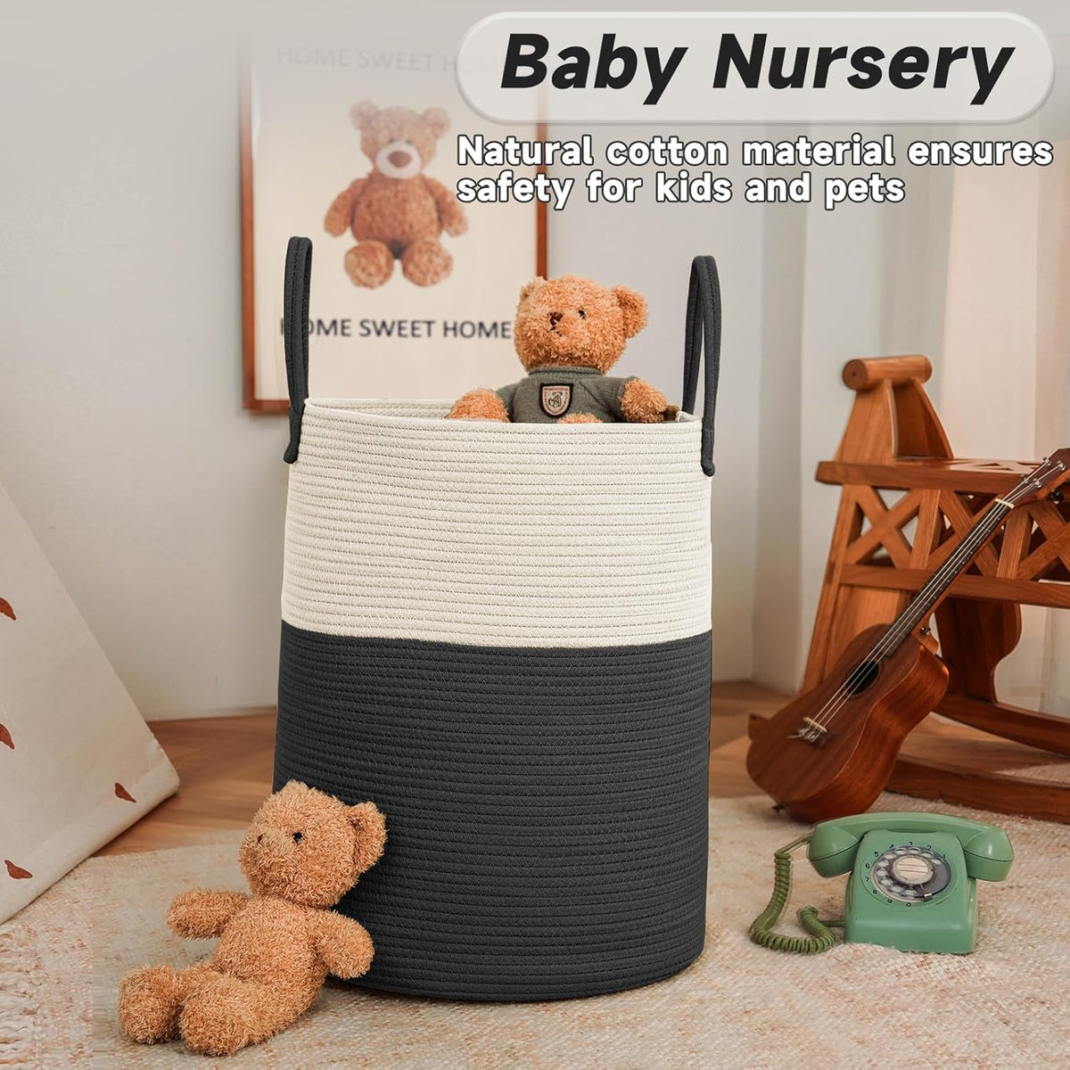 Large Woven Laundry Basket Hamper,60L Cotton Rope Storage Bin for Blankets,Toys and
