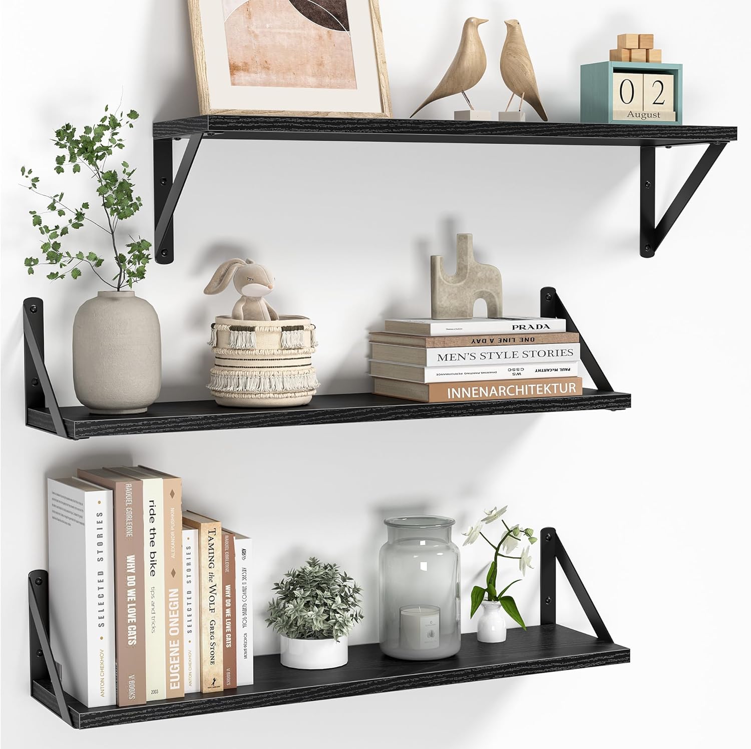Heimlove Floating Shelves for Wall, 24 Inch Long Wood Floating Shelves Set of 3, Wall Mounted