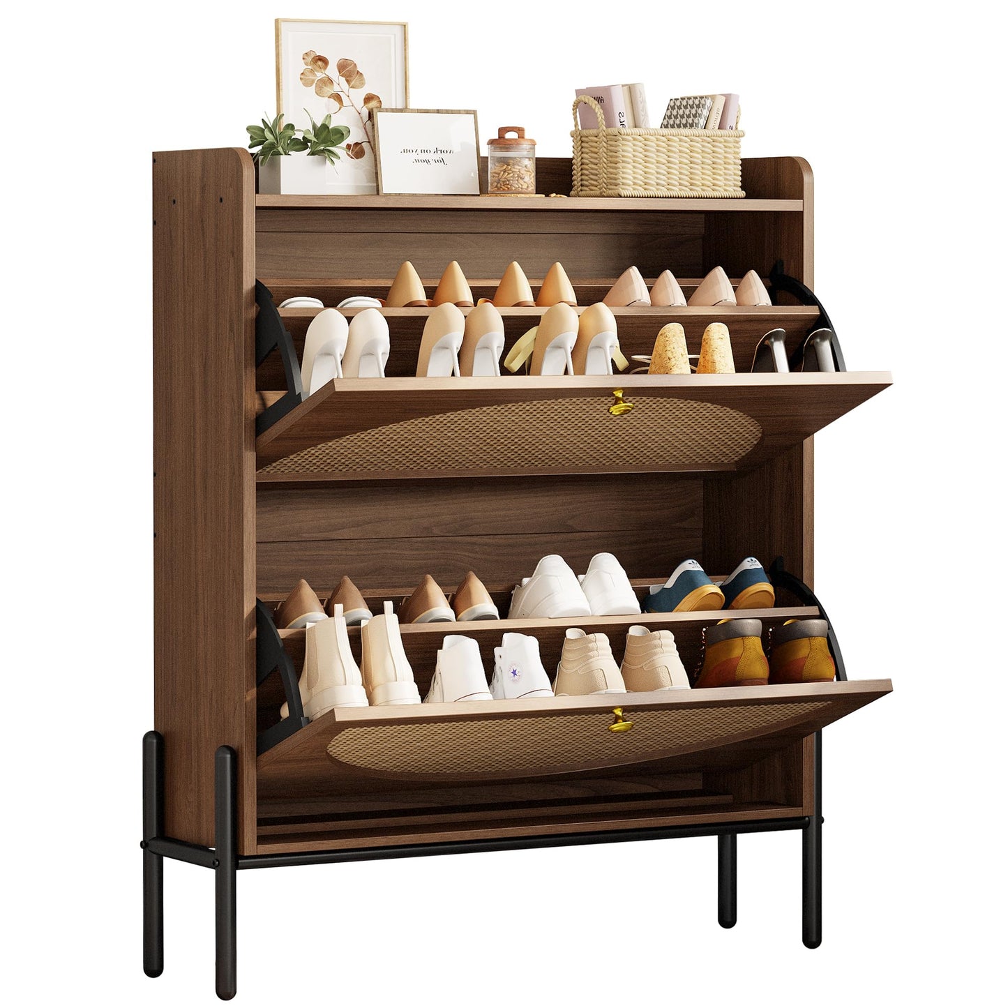 IRONCK Rattan Shoe Cabinet Storage with 2 Flip Drawers, Walnut