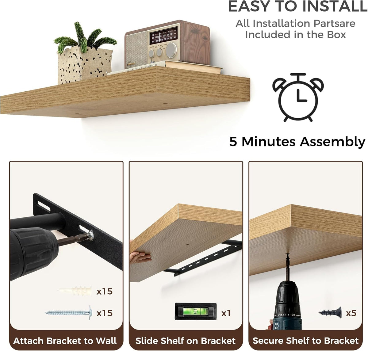 Floating Shelves for Wall, 2 Large Wall Mounted Shelves with Invisible Brackets, Long Wood Floating