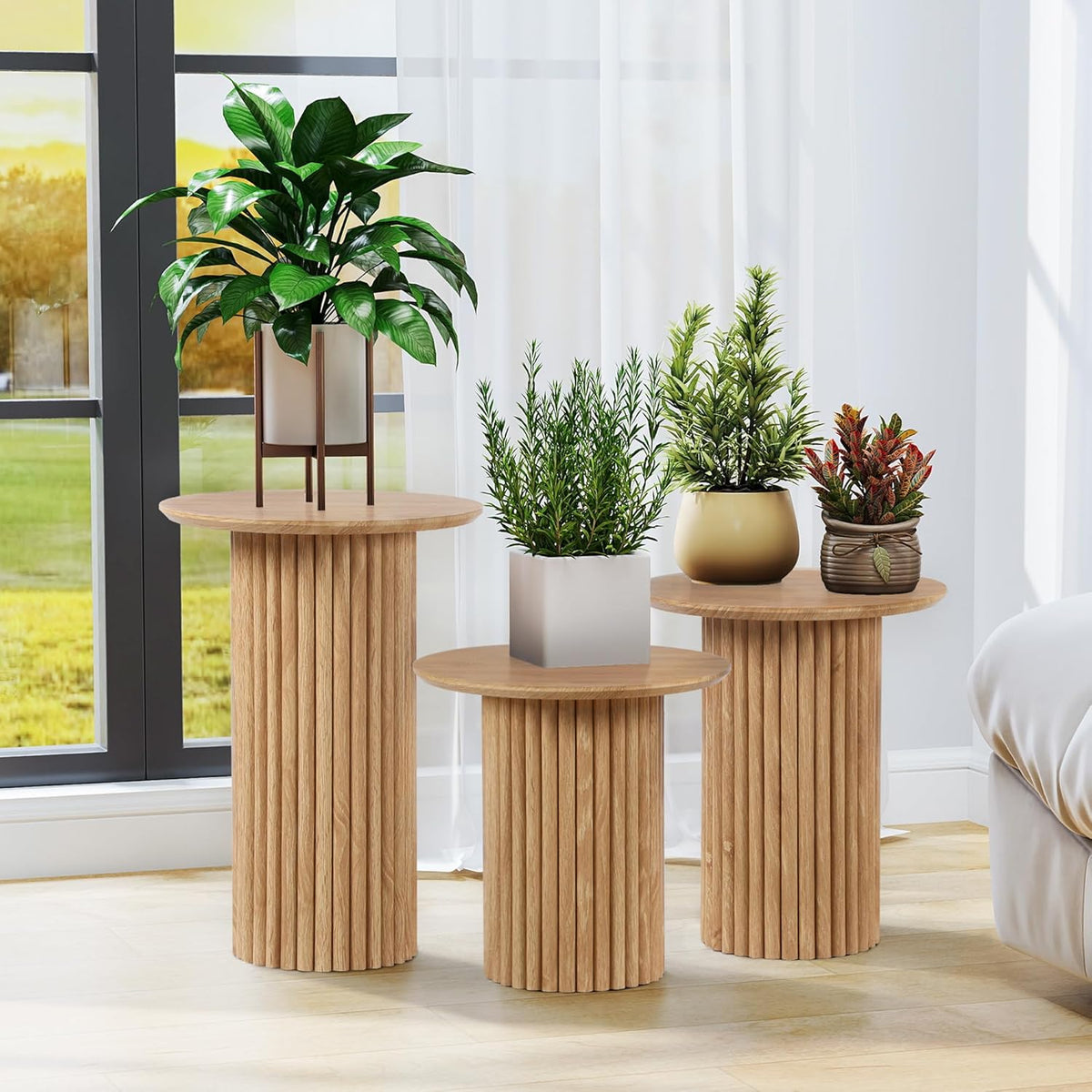 Round Nesting Coffee Table Set of 3,Mid Century Modern Fluted Coffee and End Table Set,Small Circle