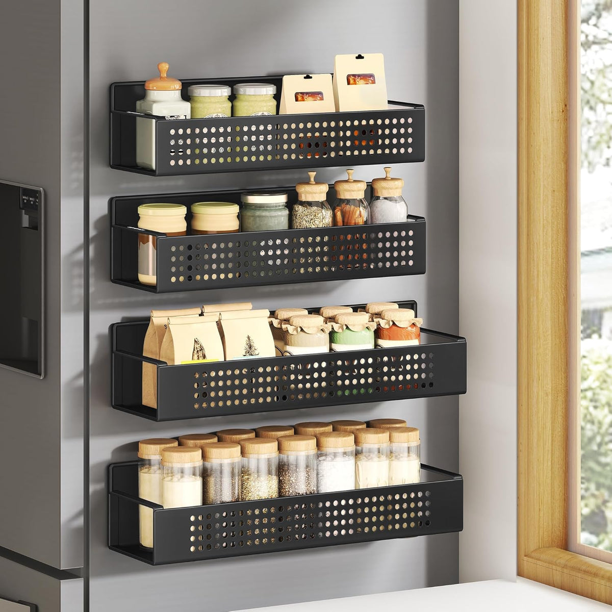 SONGMICS Magnetic Spice Rack for Refrigerator, Set of 4, 2 Large and 2 Small Kichen Magnetic