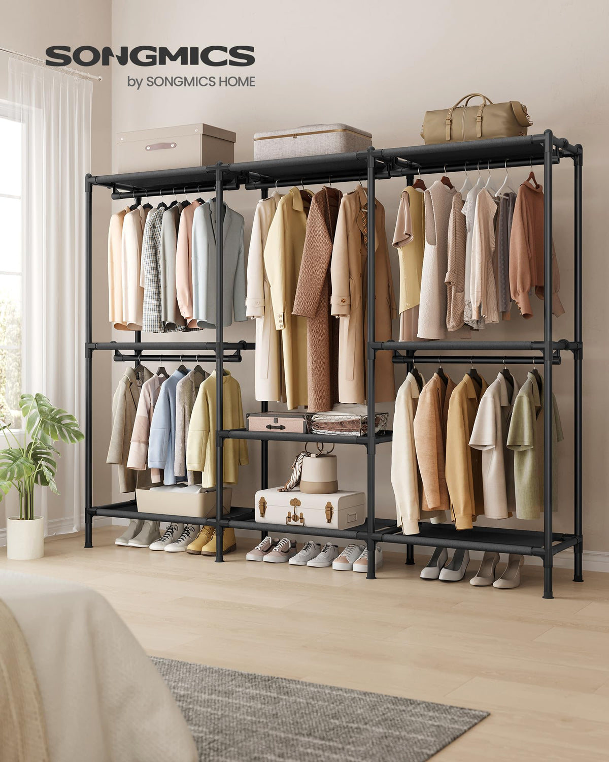 SONGMICS Clothes Rack, Portable Closet, Heavy-Duty Wardrobe Closet Organizer with Hanging Rails and