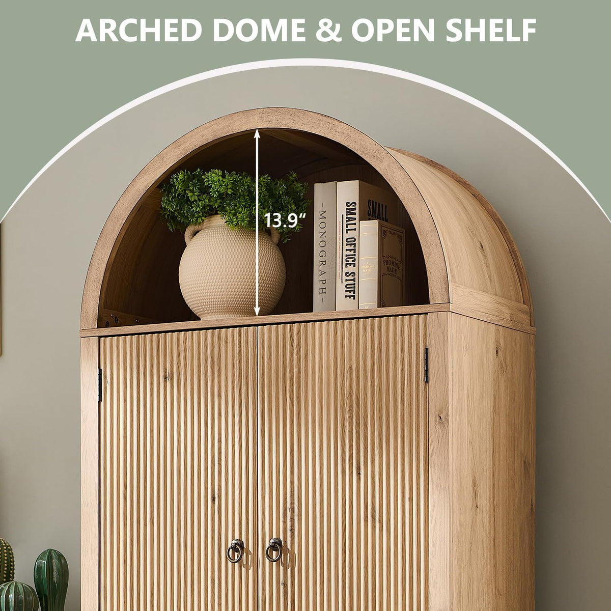 71" Tall Arched Bathroom Storage Cabinet, Modern Fluted Storage Cabinet w/Doors, 3 Adjustable
