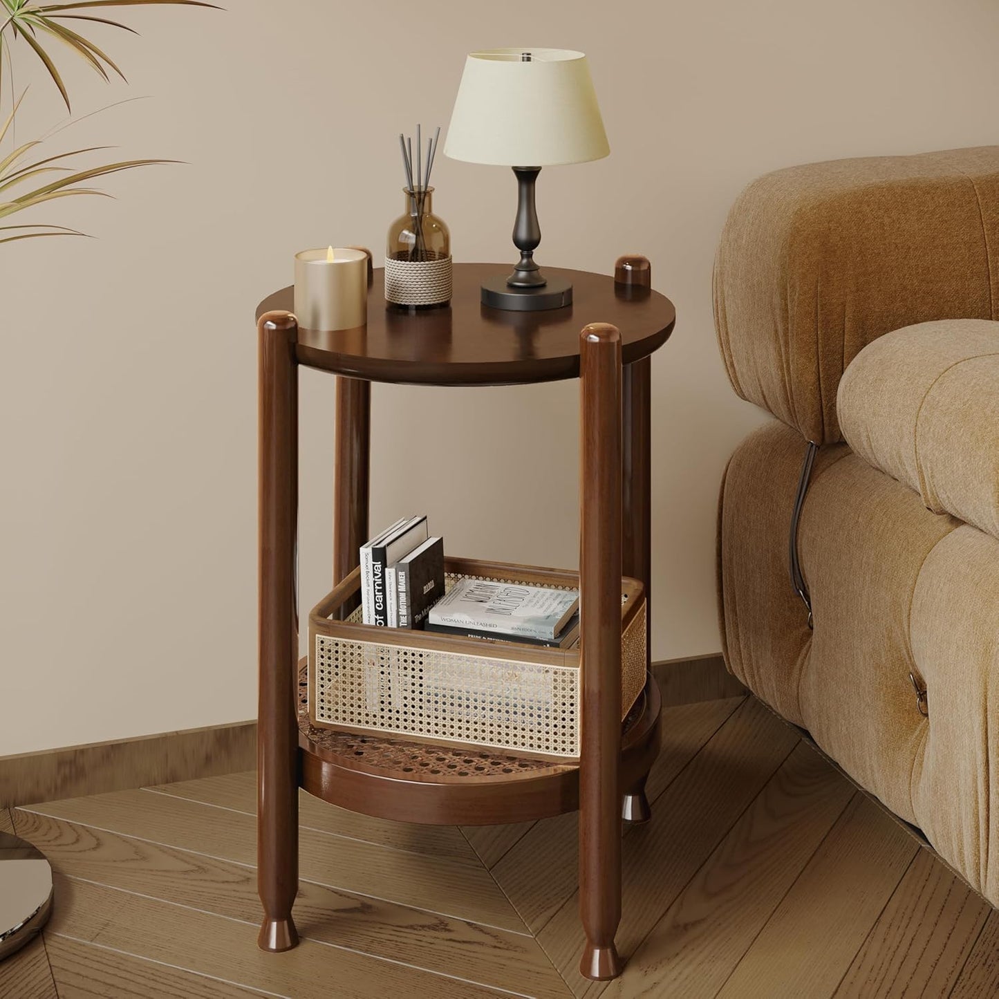 NSdirect Round End Table for Living Room, 2-Tier Rustic Wood Center Table for Home Decor with Boho