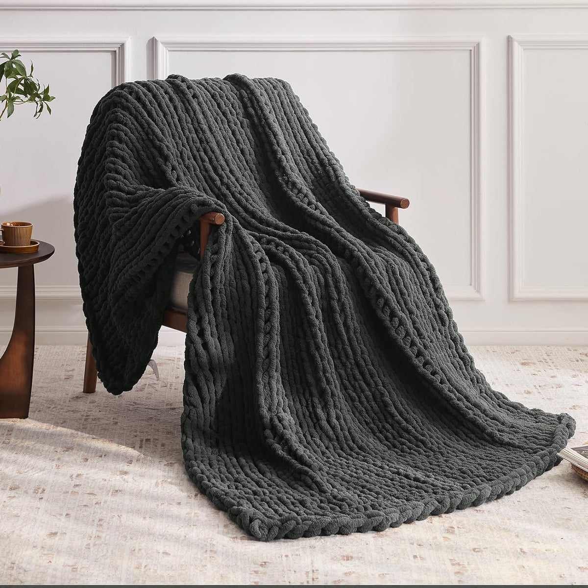 Chunky Knit Throw Blanket, 60''*80'' Knitted Throw Chenille Yarn for Bed Couch, Handmade Dark Grey