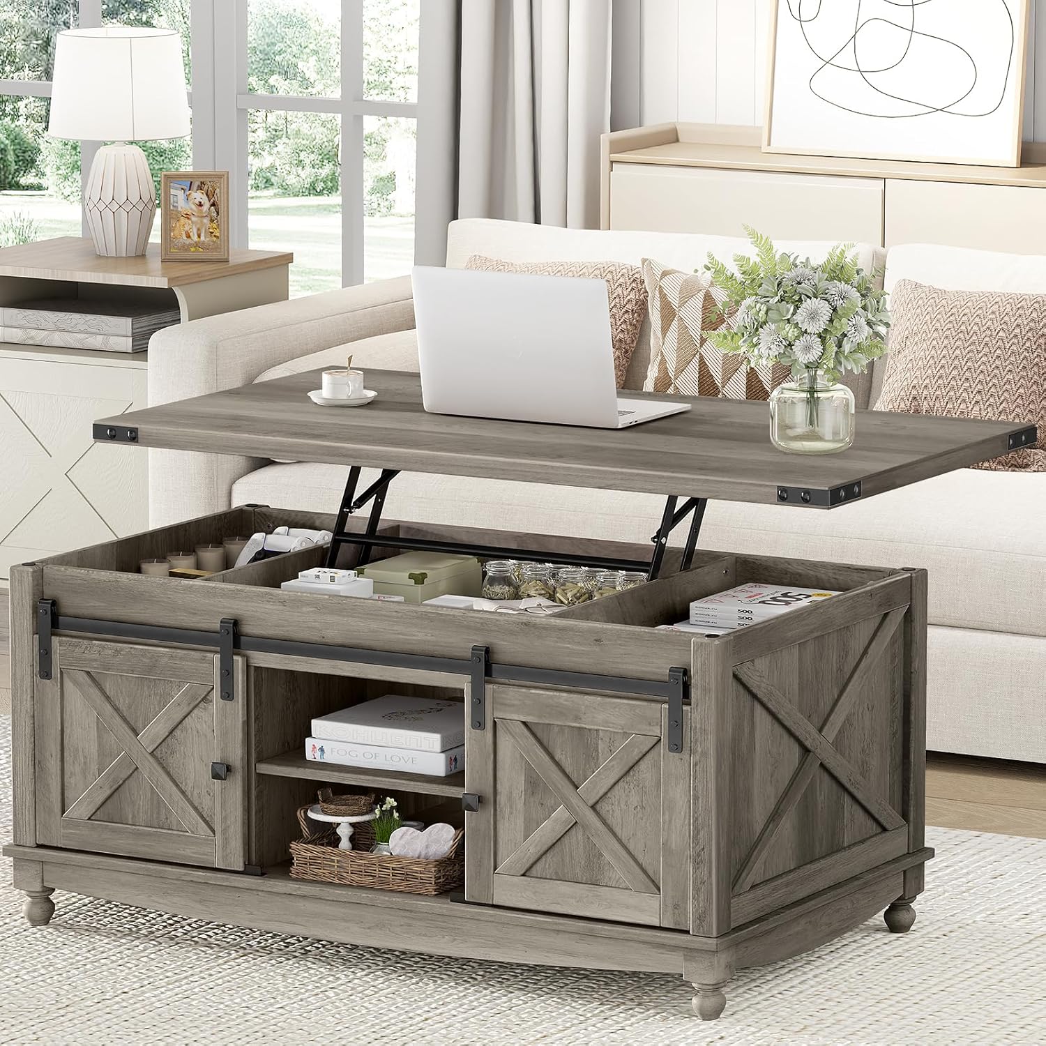 48" Farmhouse Lift Top Coffee Table with Storage Sliding Barn Door & Large Hidden Compartment