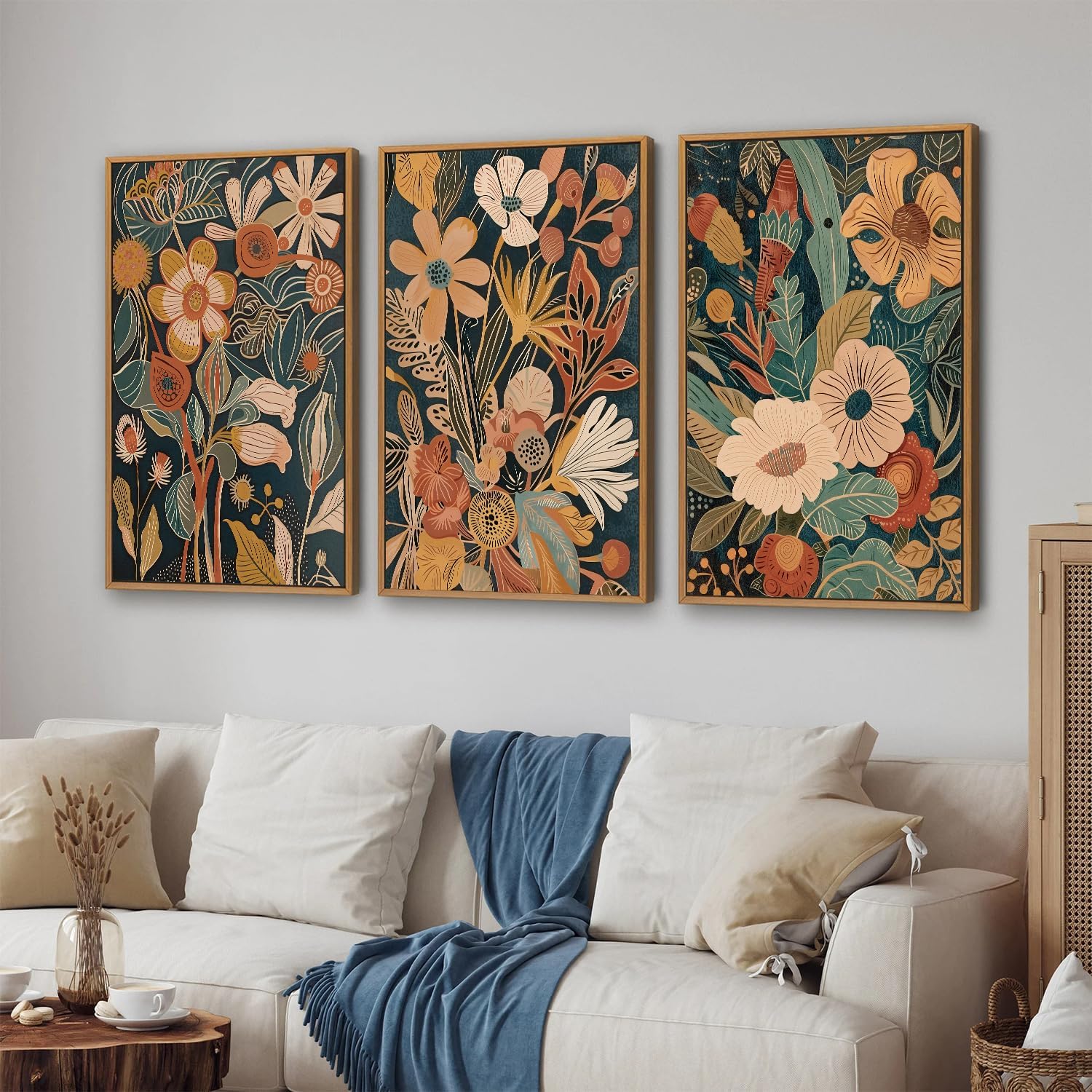 Tinonedraw Vintage Burnt Orange Floral Framed Canvas Wall Art Set of 3, Boho Chic Flower Artwork