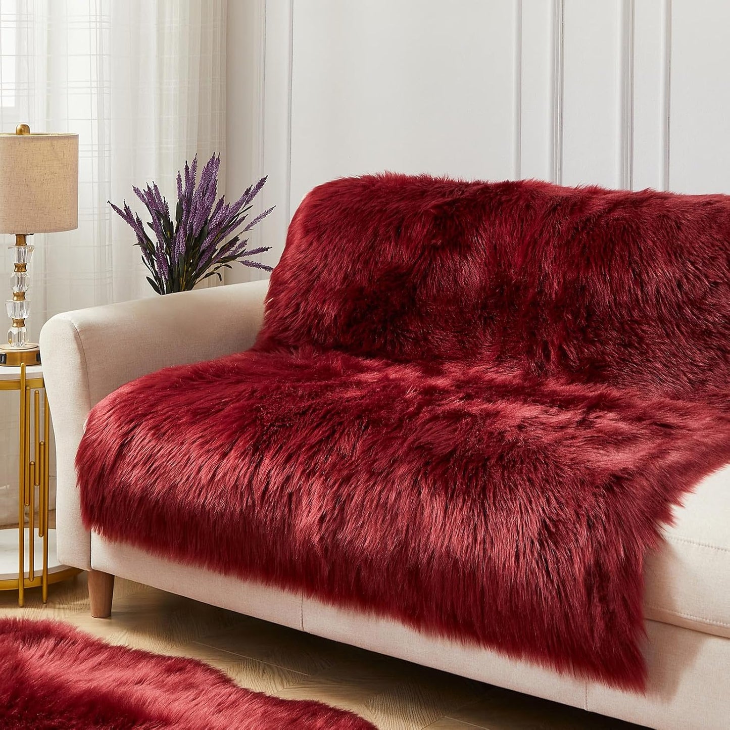 AMTOVO Faux Fur Sheepskin Rug for Living Room, 4 x 6 ft Burgundy Fluffy Area Rug for Bedroom