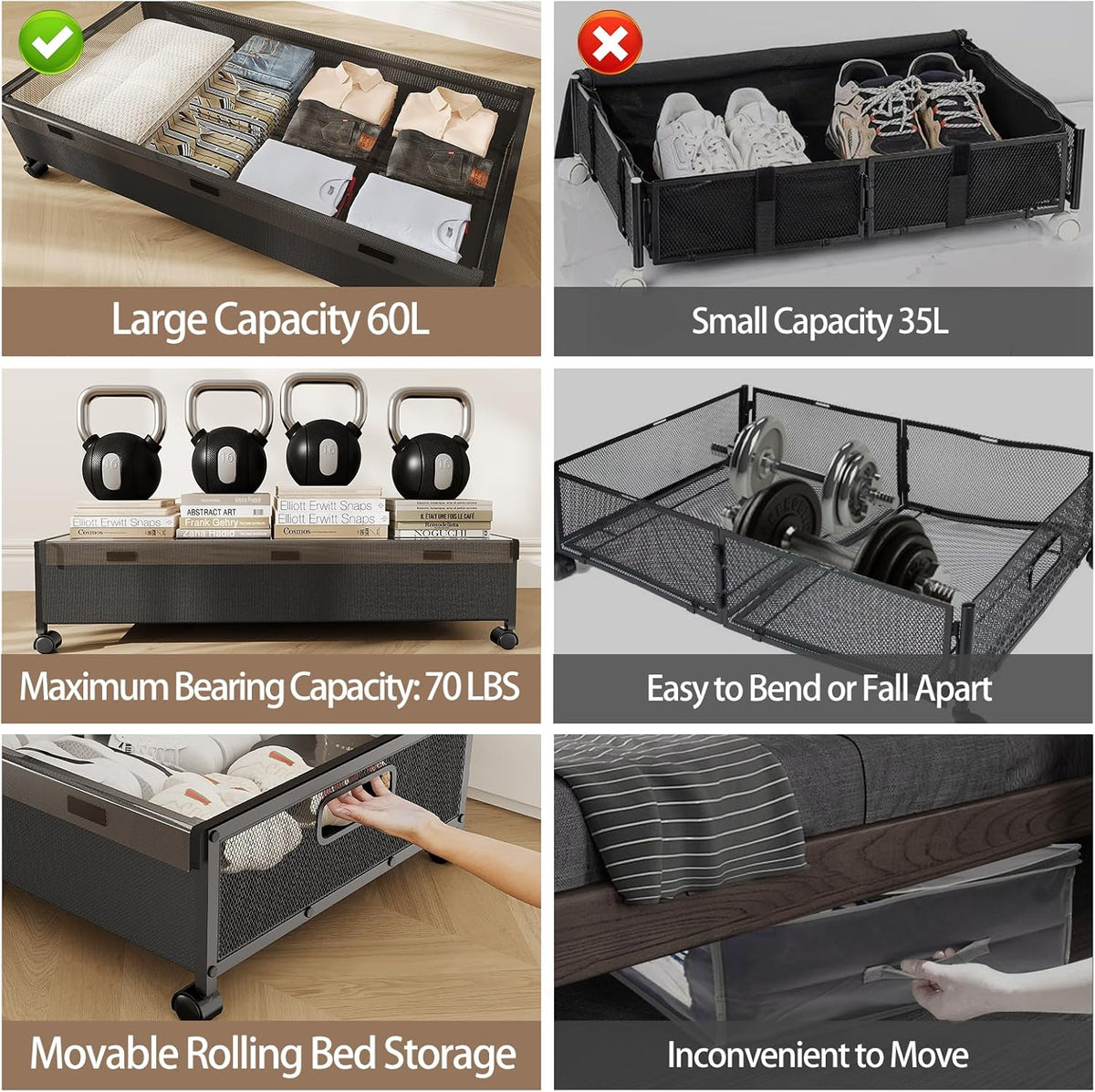 Under Bed Storage Containers with Wheels, 2 Pack Underbed Shoe Storage Organizer with Removable