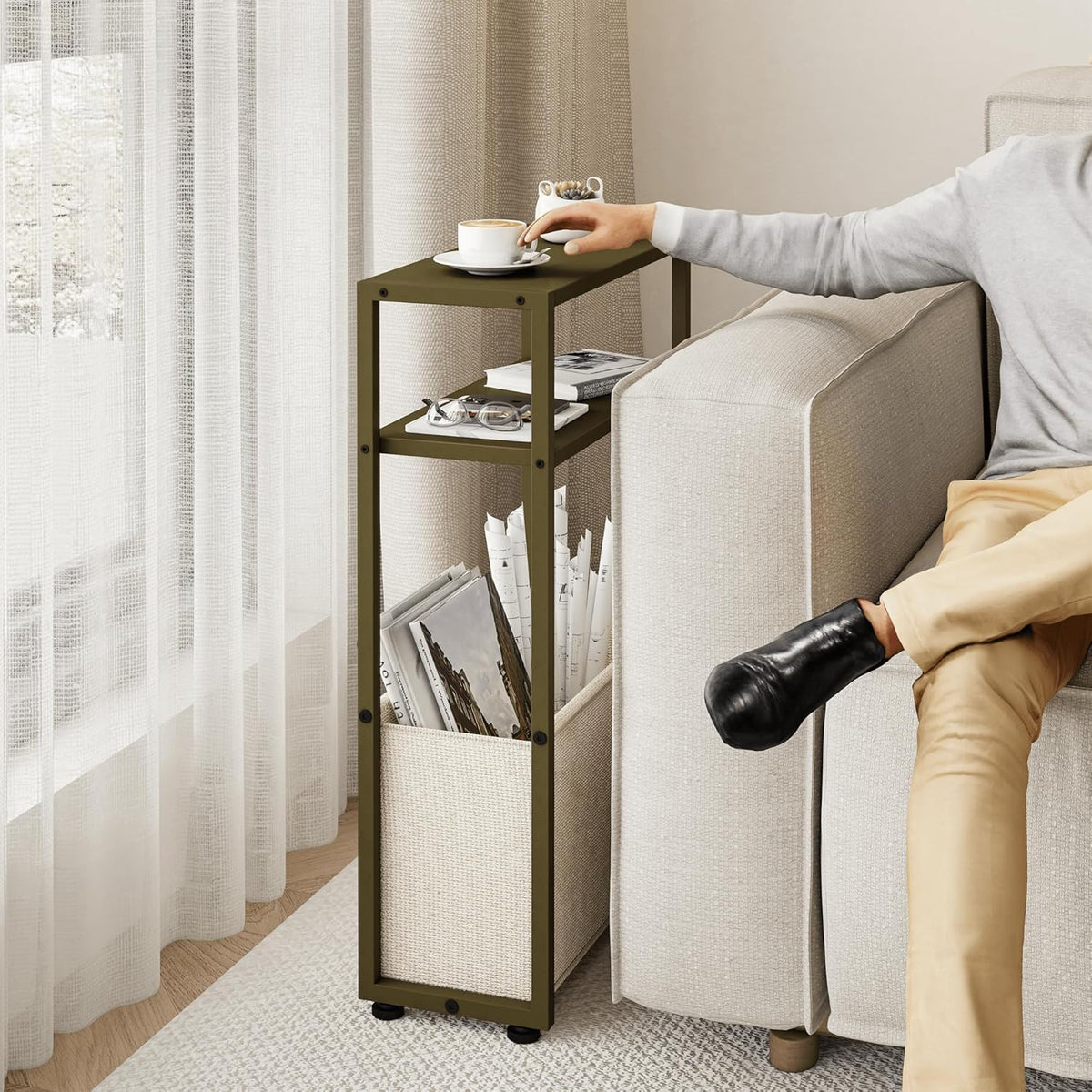 Narrow Side Table, Slim End Tables with Fabric Basket, Skinny Table for Small Spaces, Thin Bedside