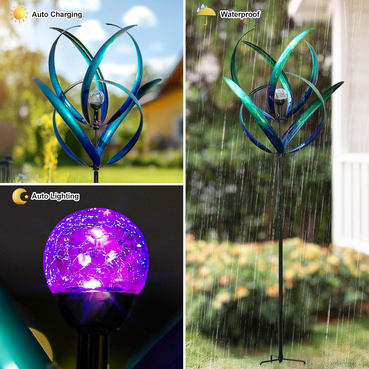 Outdoor Wind Spinners with Solar Light, 82'' Metal Large Spinner Yard Art, Peacock Blue Wind