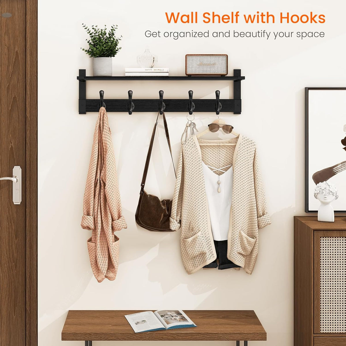 Homode Coat Hanger Wall Mount with Shelf, 29 in Hanging Rack with Storage, Entryway Shelf with Pegs