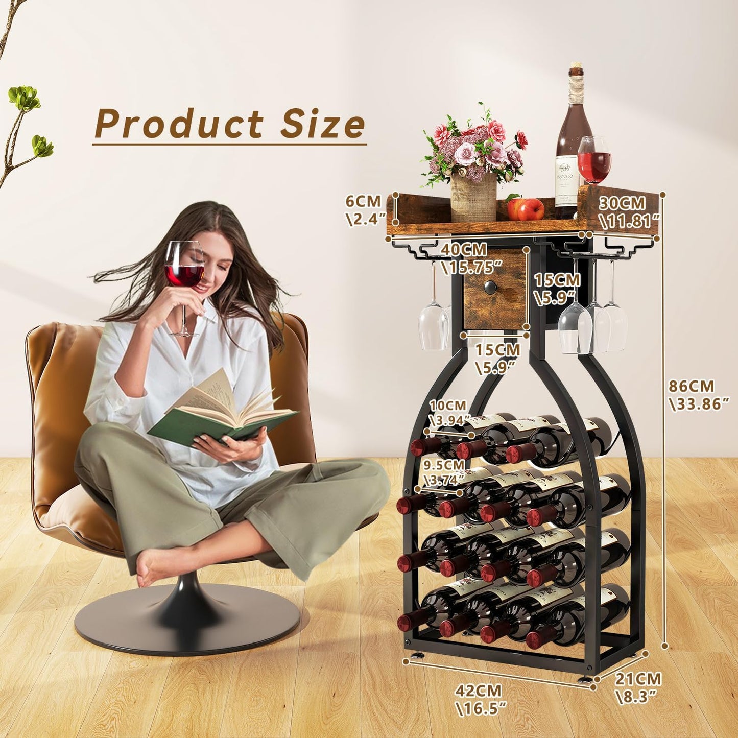 IBUYKE Wine Rack Freestanding Floor,Wine Storage 15 Bottles Bottle Rack with Glass Holders, Mini