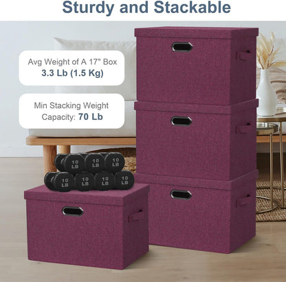 Large 17" 36 Quart Collapsible Stackable Storage Bins with Lids, 3 Packs Purple Linen Fabric Closet