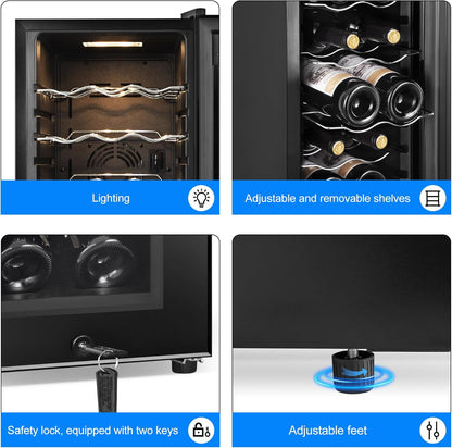 Wine Cooler Refrigerator 12 Bottles, Small Wine Fridge Mini Wine Fridge Countertop with Glass Door