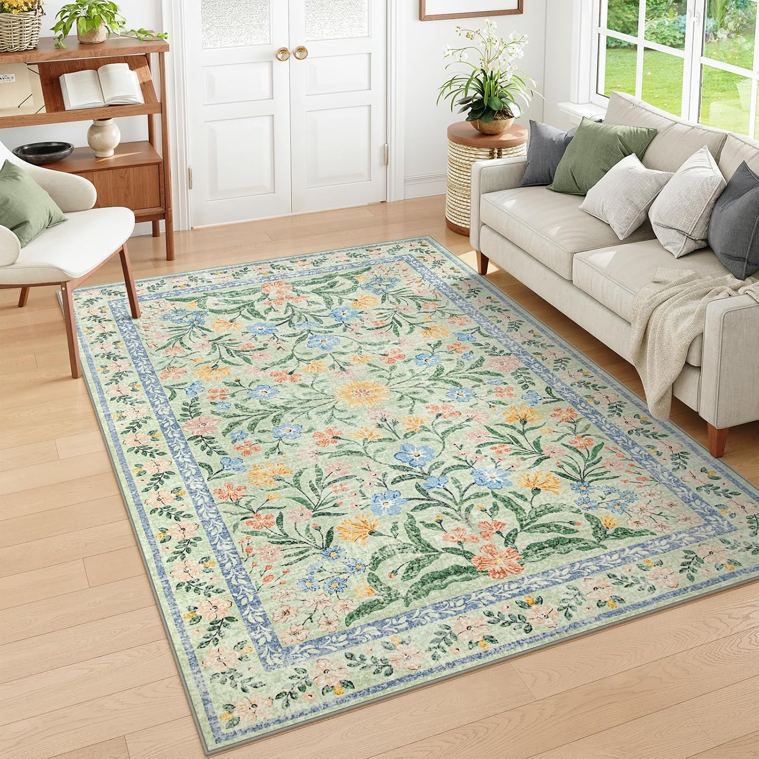 Wonnitar Washable Floral 6x9 Rug, Soft Green Area Rug Boho Non Slip Dining Room Carpet
