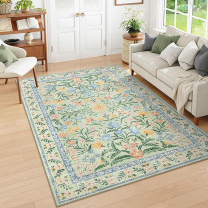 Wonnitar Washable Floral 6x9 Rug, Soft Green Area Rug Boho Non Slip Dining Room Carpet