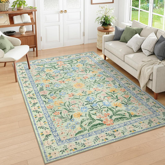 Wonnitar Washable Floral 6x9 Rug, Soft Green Area Rug Boho Non Slip Dining Room Carpet