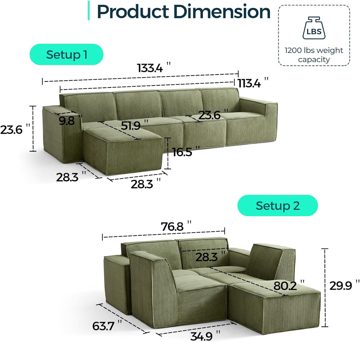 LINSY HOME Modular Sectional Sofa, 134" Boneless Couch L Shaped 4-Seat Sofa with Movable Ottoman