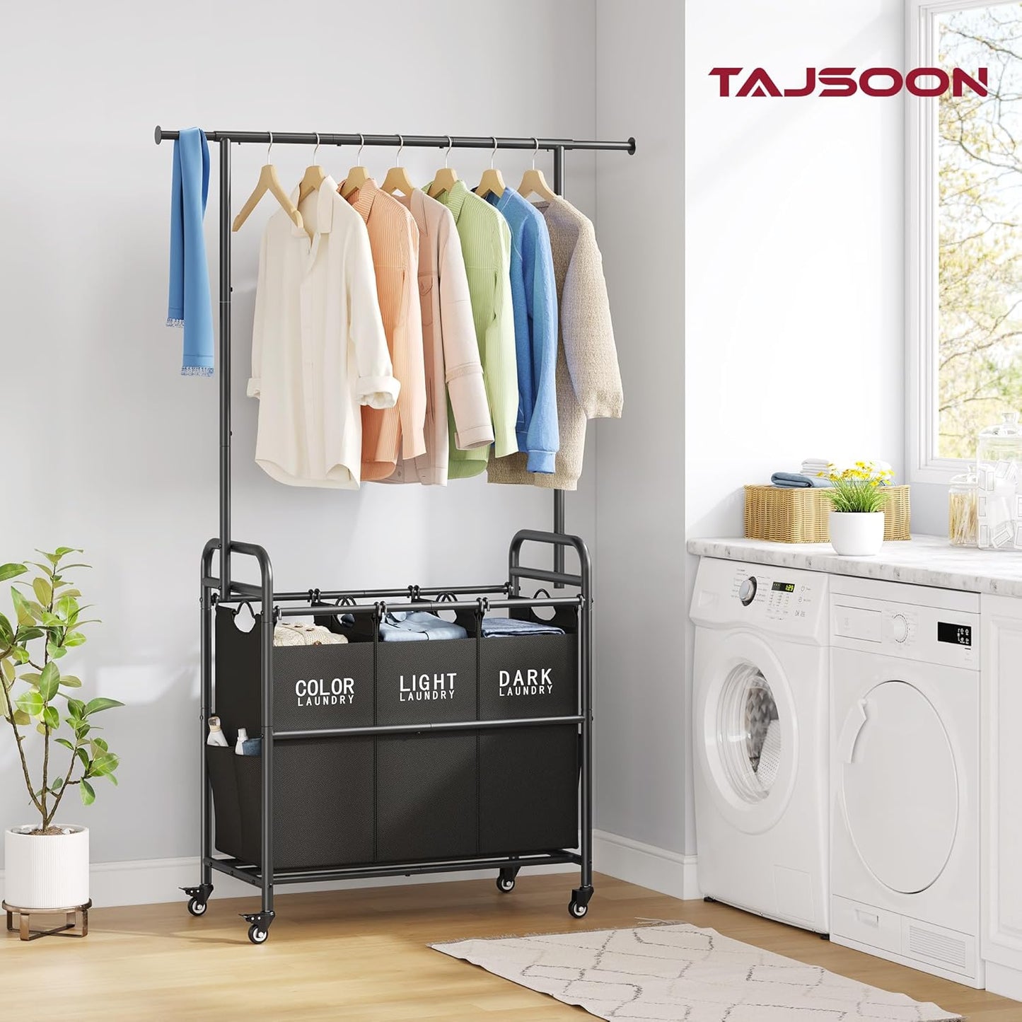 Tajsoon Laundry Sorter Cart with Hanging Rack, Laundry Sorter 3 Section, Laundry Hamper with Heavy