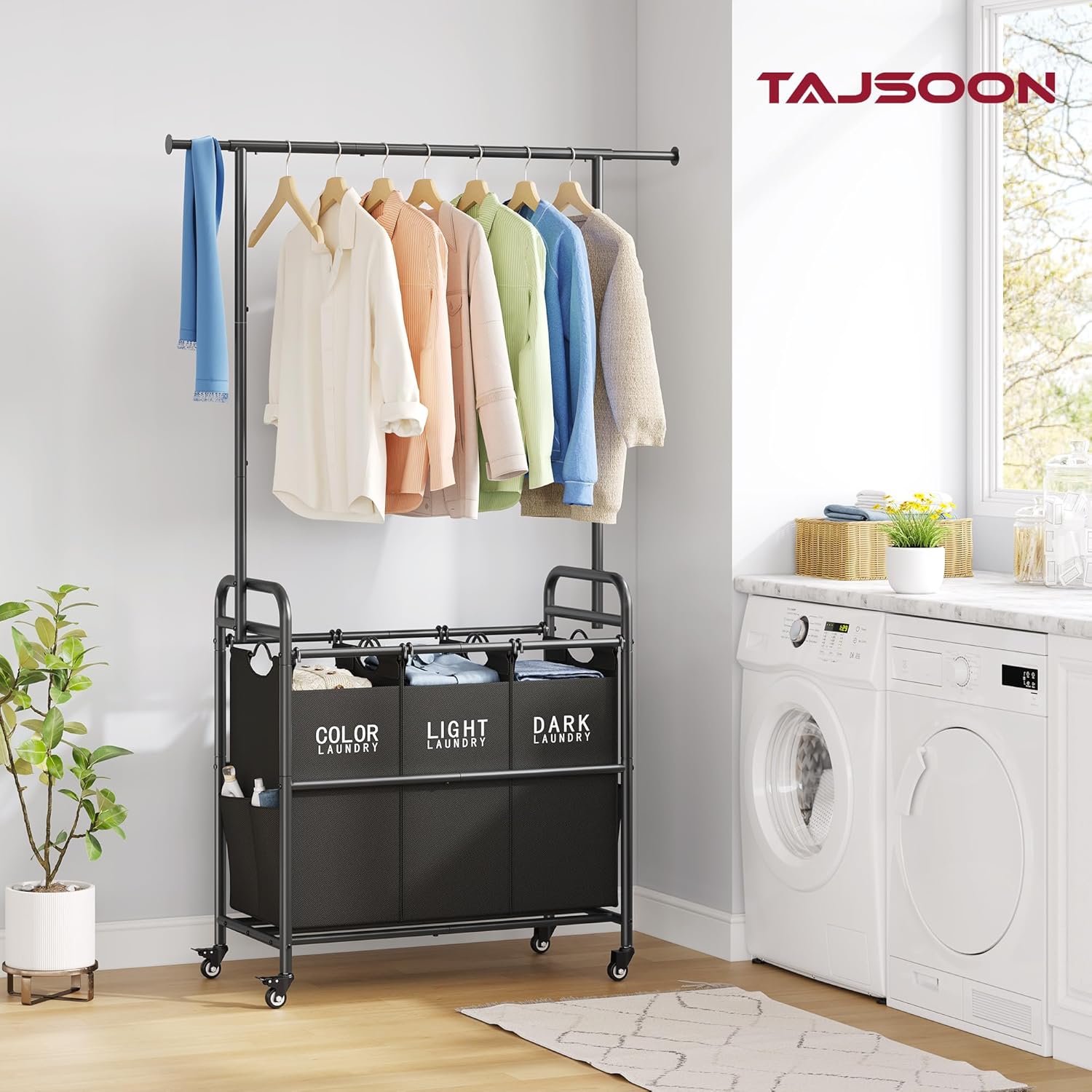 Tajsoon Laundry Sorter Cart with Hanging Rack, Laundry Sorter 3 Section, Laundry Hamper with Heavy