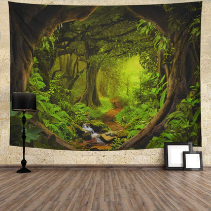 Tushelia Forest Nature Tree Cave Wall Hanging - Misty Forest Stream Through Rainforest Landscape