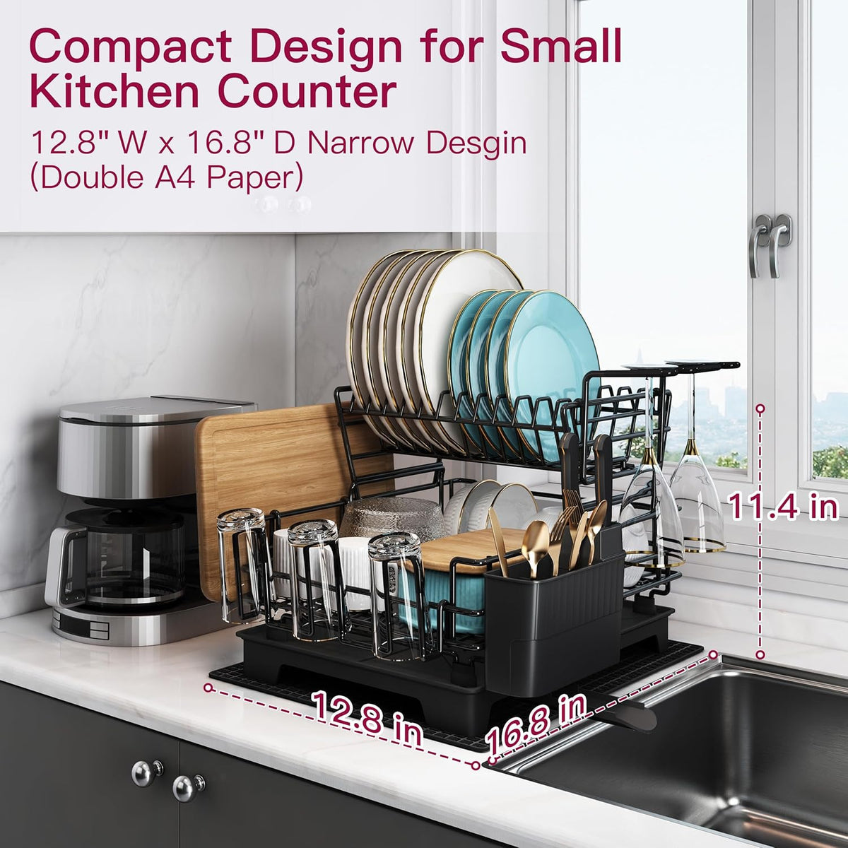 BOOSINY 2 Tier Black Large Stainless Steel Dish Drainers Drying Rack for Kitchen Counter with
