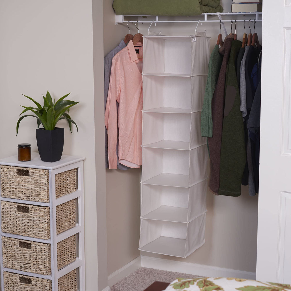 Household Essentials 6‑Shelf Hanging Closet Organizer in Soft Blended Canvas with Durable Plastic
