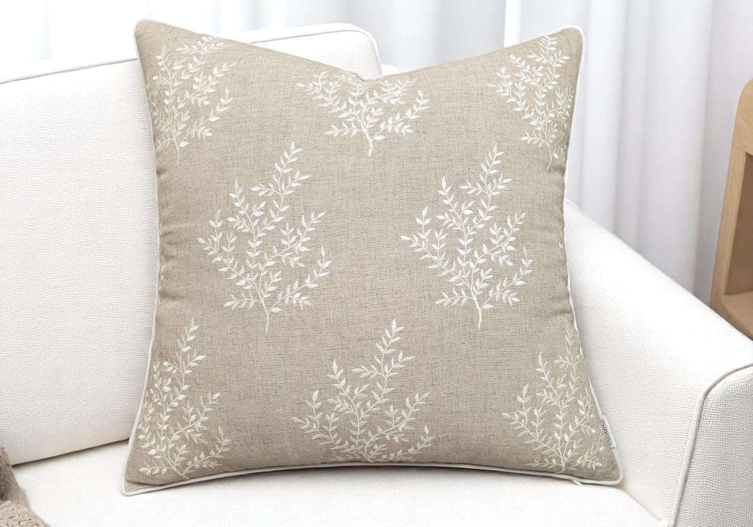 VAGMINE Embroidered Leaves Throw Pillow Cover - 20x20 Inches Square - 100% Linen Natural Throw