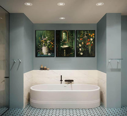 3Pcs Vintage Dark Green Bathroom Wall Art Shower Toilet Paper Roll Floral Poster Print Modern