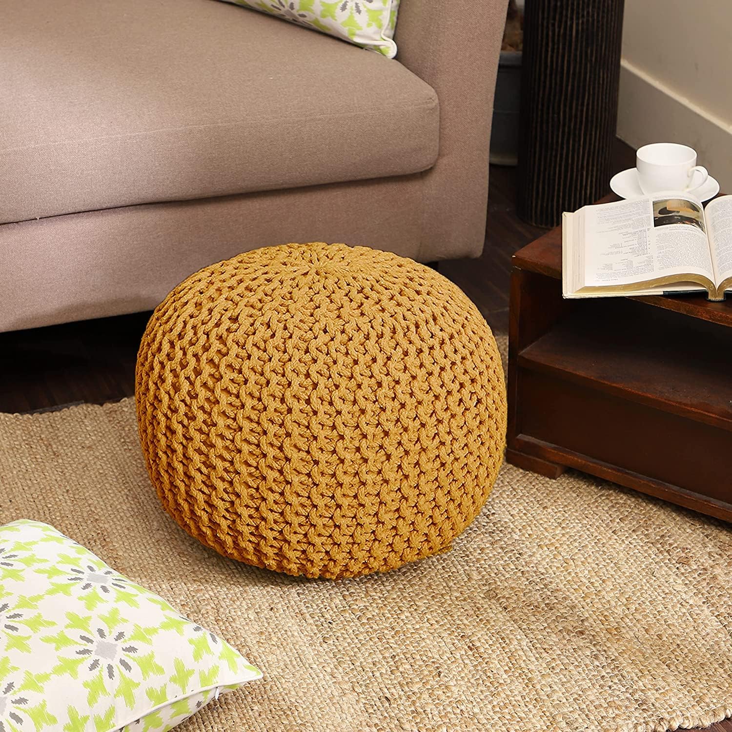 REDEARTH · Round Pouf Ottoman - Hand Knitted Cable Boho Poof Home Décor Pouffe Circular Footrest