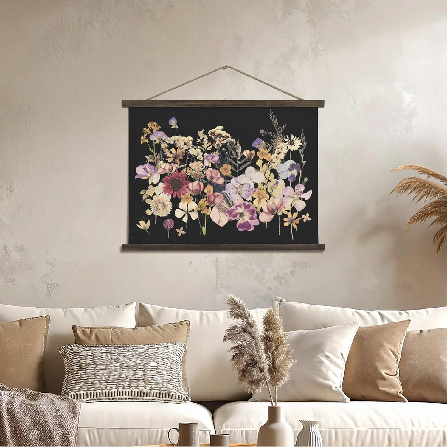 American Art Decor Framed Dried Flowers Tapestry Wall Art - Botanical Print with Blue, Yellow &
