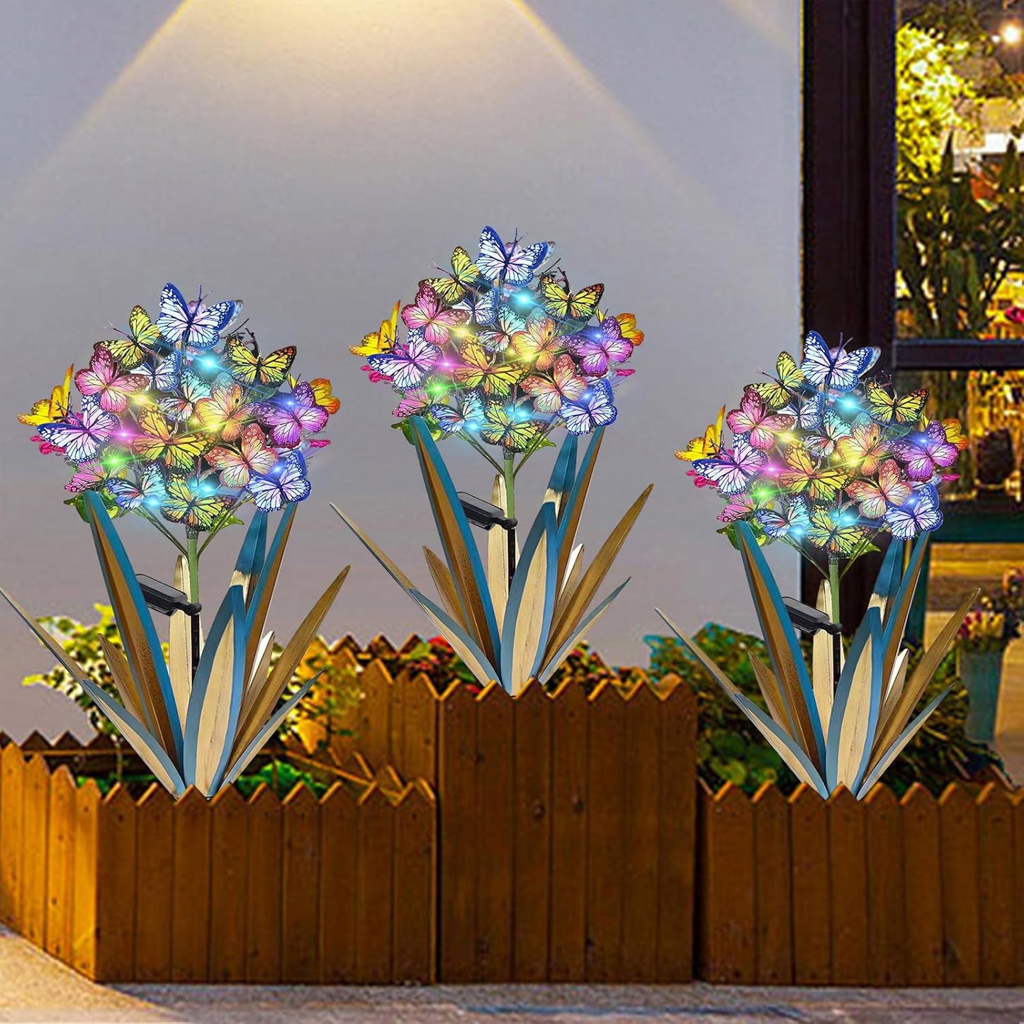 Homight Solar Metal Agave Butterfly Flower Stick Garden Sculpture - Outdoor Christmas Lights With
