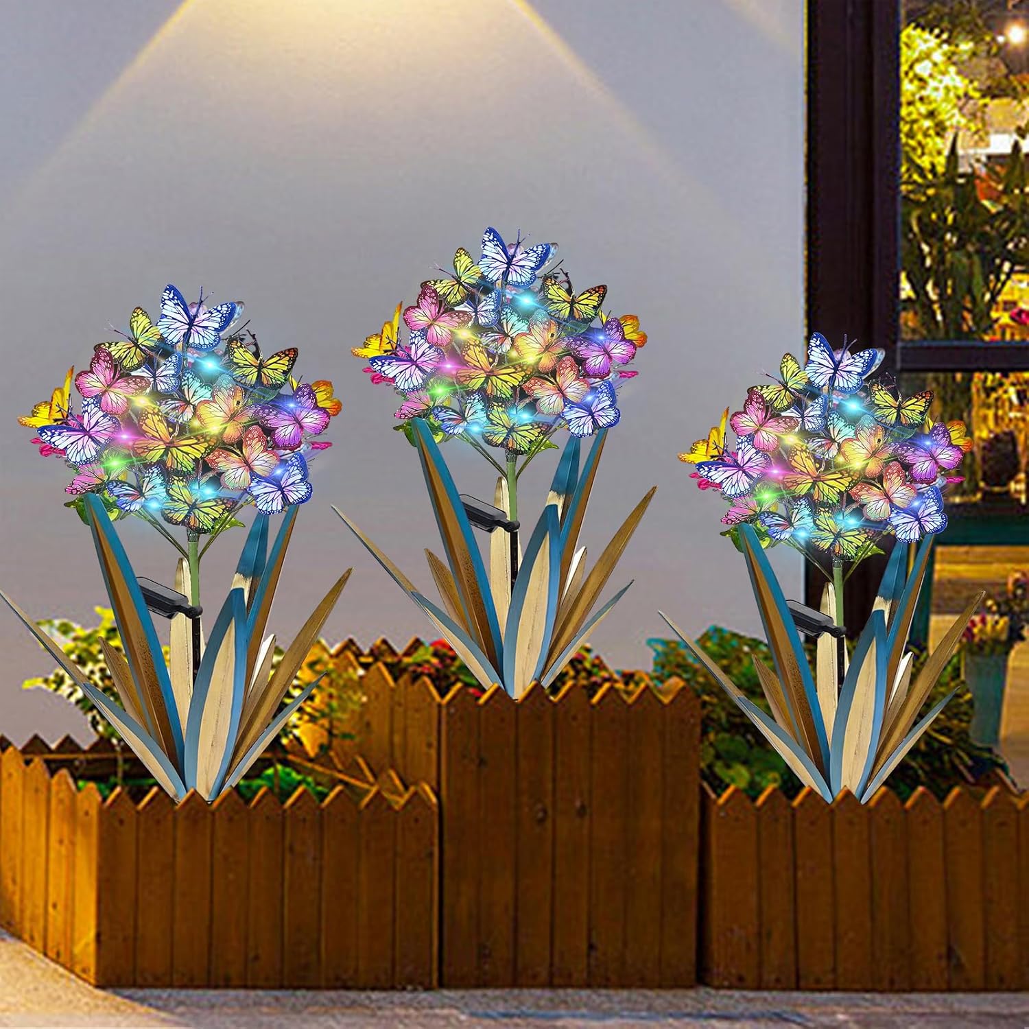 Homight Solar Metal Agave Butterfly Flower Stick Garden Sculpture - Outdoor Christmas Lights With