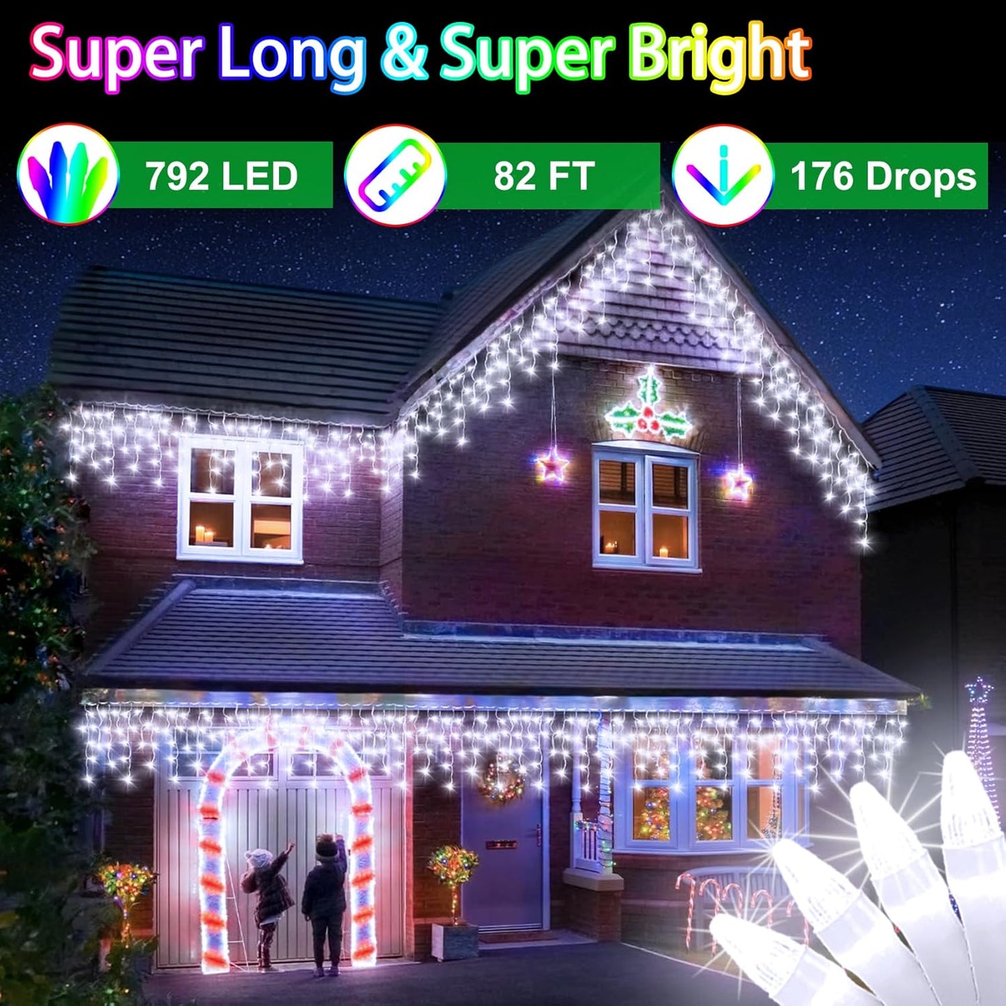 792 LED Christma Lights with 176 Drops, 82ft Outdoor Hanging lights with 8 Modes & Timer Memory