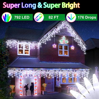 792 LED Christma Lights with 176 Drops, 82ft Outdoor Hanging lights with 8 Modes & Timer Memory