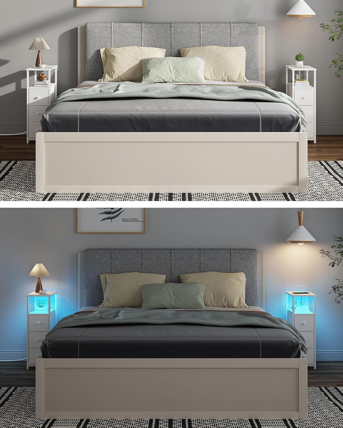 TUTOTAK Narrow LED Night Stand with Charging Station, Slim End Table with Plugins, Tall Side Table