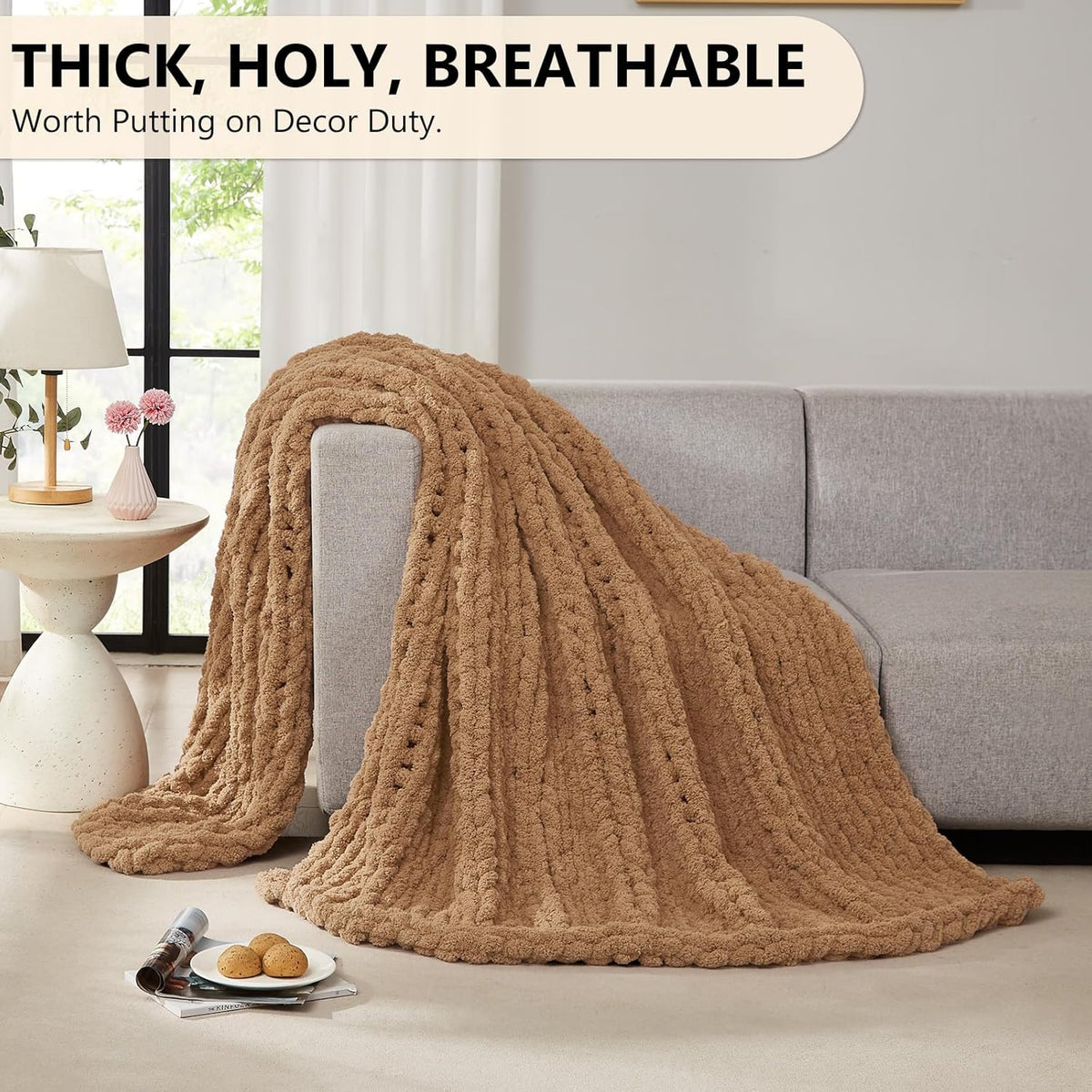 L'AGRATY Chunky Knit Blanket Throw: 50''x60'' Chenille Chunky Knitted Throw Blanket for Bed Couch